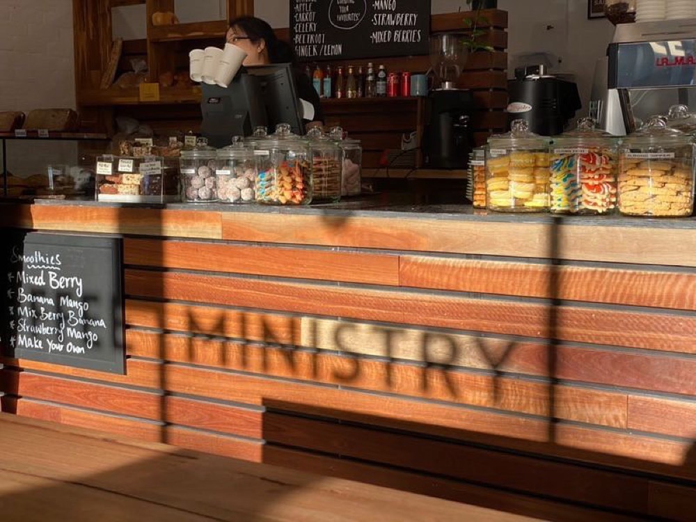 Coffee Ministry counter branding detail